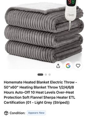 Light Grey Heated Electric Throw Blanket - Soft Flannel Sherpa